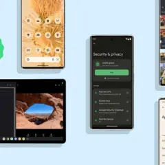 Zielony znak "13" obok telefonu z ikonami aplikacji i tabletu z widokiem na krajobraz. Android 13 oferuje nowe funkcje bezpieczeństwa i prywatności.