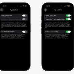 Dwa ekrany iPhone'a z ustawieniami "Tryb zasilania". Czy tryb oszczędzania baterii niszczy baterię iPhone? Nie, tryb niskiego zużycia energii optymalizuje pracę.