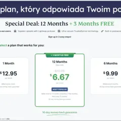 Porównanie cen VPN: 1 miesiąc za $12.95, 6 miesięcy za $9.99/mies., 12 miesięcy + 3 gratis za $6.67/mies.