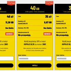 Oferta operatora sieci komórkowej: pakiety internetowe 50 GB za 40 zł, 40 GB za 35 zł, 30 GB za 30 zł.