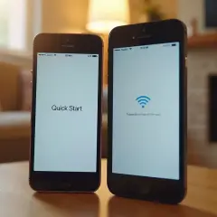 Dwa iPhone'y obok siebie. Na jednym "Quick Start", na drugim symbol Wi-Fi. Ułatwiają one proces, jak przenieść dane z iPhone na iPhone.