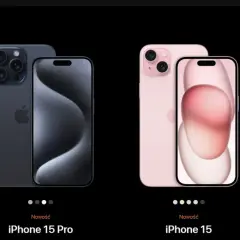 Porównanie iPhone 15 Pro i iPhone 15: ciemniejszy model ma trzy obiektywy, jaśniejszy dwa. Różnice w aparatach i designie.