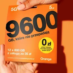 Starter Orange na kartę z 9600 GB. Oferta 5G, 0 zł przez miesiąc, potem 15 zł za kolejne dwa miesiące.