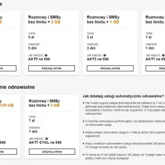 Darmowy internet Play: pakiety rozmów i SMS-ów bez limitu z różnymi ilościami GB, od 0,5 GB do 20 GB, z opcją jednorazową lub automatycznego odnowienia.