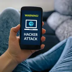 Ostrzeżenie na ekranie telefonu: "HACKER ATTACK". To może być efekt smishingu, czyli oszustwa przez SMS.