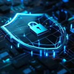 Cyfrowa tarcza z kłódką, symbolizująca silny firewall, na tle obwodów drukowanych.