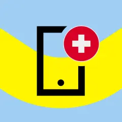 Czarny symbol telefonu z czerwonym krzyżem na tle falujących żółto-niebieskich pasów. Symbolizuje roaming play, łączność i pomoc.