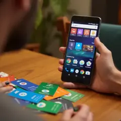 Chcesz wiedzieć, jak doładować Google Play? Na stole leżą karty podarunkowe, a w ręce trzymasz smartfon z otwartą aplikacją.