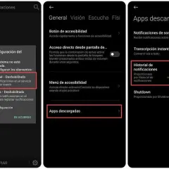 Ekran ustawień telefonu z opcją "Historial de notificaciones" (Historia powiadomień), która pozwala na zapisywanie wiadomości i powiadomień.
