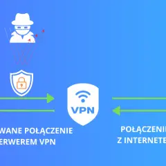 Ilustracja pokazuje, jak laptop łączy się z serwerem VPN, tworząc szyfrowane połączenie, które chroni przed zagrożeniami z internetu.