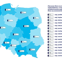 Mapa Polski z literami oznaczającymi województwa i powiaty. Pierwsza litera to województwo, np. Z to zachodniopomorskie.