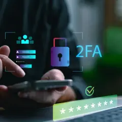 Dłoń wpisuje dane logowania na smartfonie, obok widnieje ikona kłódki i napis 2FA co to, symbolizujące podwójne uwierzytelnianie.