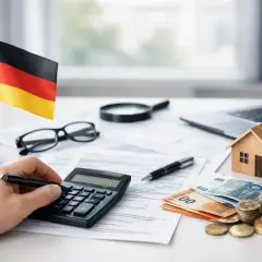 Rachunki za dom w Niemczech. Na biurku flaga Niemiec, kalkulator, pieniądze, lupa i model domu. Kierunkowy 49.