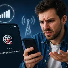 Zirytowany mężczyzna patrzy na telefon z komunikatem "Brak połączenia z internetem". W tle symbol wieży telekomunikacyjnej.
