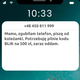 Oszustwo na BLIK: "Mamo, zgubiłam telefon, piszę od koleżanki. Potrzebuję pilnie kodu BLIK na 500 zł, zaraz oddam." To przykład spoofingu.