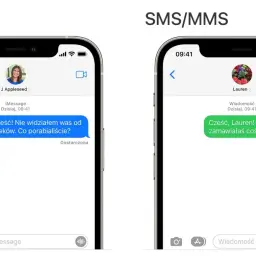 Dwa telefony pokazują rozmowy. Po lewej iMessage, po prawej SMS. W iMessage niebieska bańka z tekstem "Cześć! Nie widziałem was od wieków. Co porabialiście?".