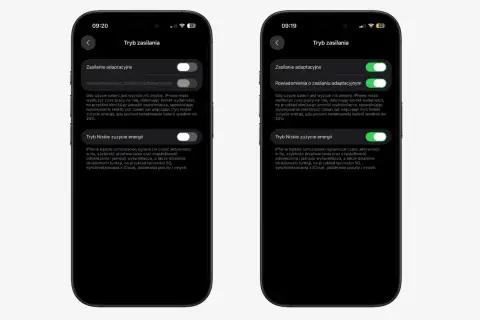 Dwa ekrany iPhone'a z ustawieniami "Tryb zasilania". Czy tryb oszczędzania baterii niszczy baterię iPhone? Nie, tryb niskiego zużycia energii optymalizuje pracę.