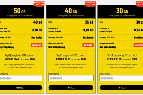 Oferta operatora sieci komórkowej: pakiety internetowe 50 GB za 40 zł, 40 GB za 35 zł, 30 GB za 30 zł.