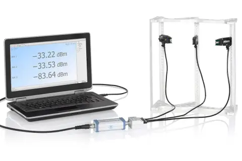Testowanie anten z wykorzystaniem laptopa i analizatora sygnału, demonstrujące technikę beamforming.