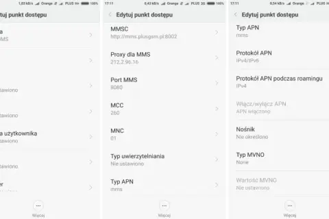 Ustawienia MMS Plus: Nazwa "Plus MMS", APN "mms", MMSC http://mms.plusgsm.pl:8002, Proxy 212.2.96.16, Port 8080.