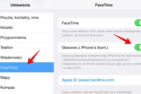 Ustawienia iPhone'a, sekcja FaceTime. Włączanie połączeń głosowych z iPhone'a. Przekierowanie połączeń.