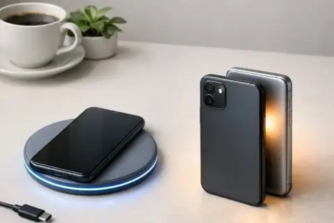 Nowoczesna ładowarka indukcyjna z niebieskim podświetleniem ładuje telefon, obok stoją dwa inne smartfony.
