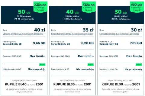 Oferty giga bank plus: 50 GB za 40 zł, 40 GB za 35 zł, 30 GB za 30 zł. Bez limitu rozmów, SMS, MMS.