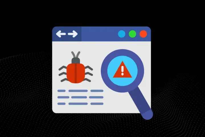 Grafika przedstawia okno przeglądarki z ikoną robaka i lupą wskazującą na ostrzeżenie. To symbol wykrywania malware.