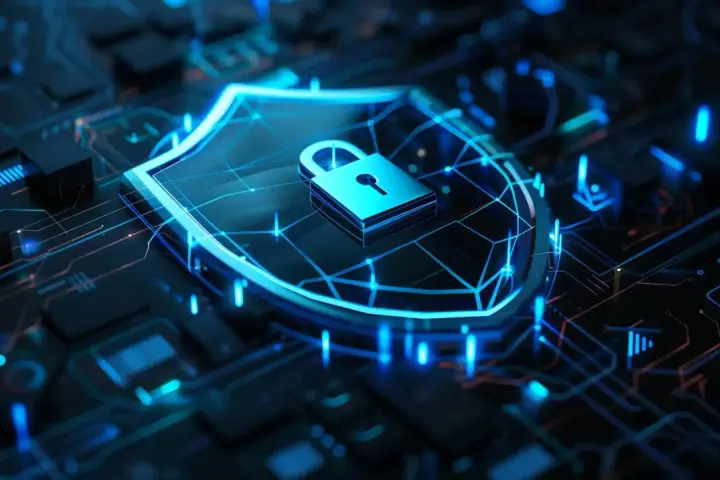 Cyfrowa tarcza z kłódką, symbolizująca silny firewall, na tle obwodów drukowanych.
