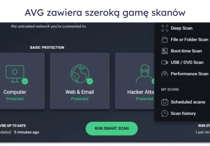 Darmowy antywirus AVG oferuje różne opcje skanowania, w tym skanowanie komputera, sieci i poczty.
