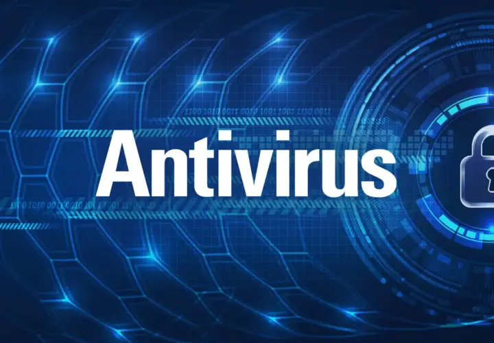 Cyfrowy świat chroniony przez aplikację antywirusową. Widoczny symbol kłódki i tekst "Antivirus" na niebieskim tle z kodem binarnym.