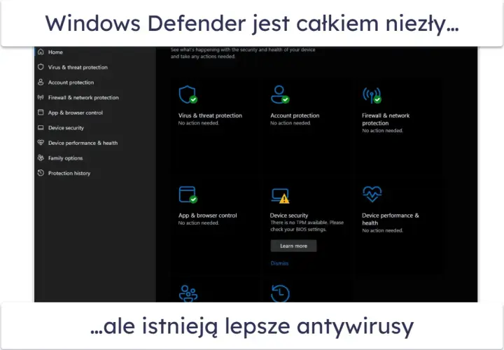 Interfejs Windows Defender pokazuje status ochrony: wirusów, konta, sieci i aplikacji. Wszystko działa poprawnie.