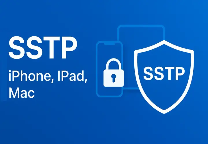SSTP: bezpieczne połączenie dla iPhone, iPad i Mac. Ikona kłódki i tarcza symbolizują ochronę.