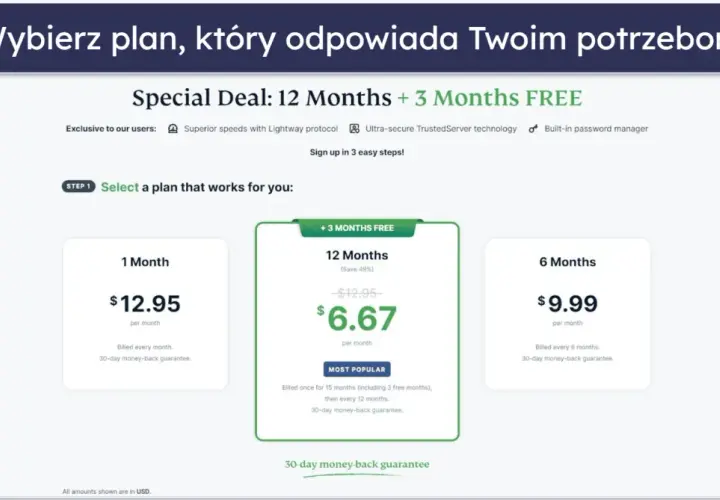 Porównanie cen VPN: 1 miesiąc za $12.95, 6 miesięcy za $9.99/mies., 12 miesięcy + 3 gratis za $6.67/mies.