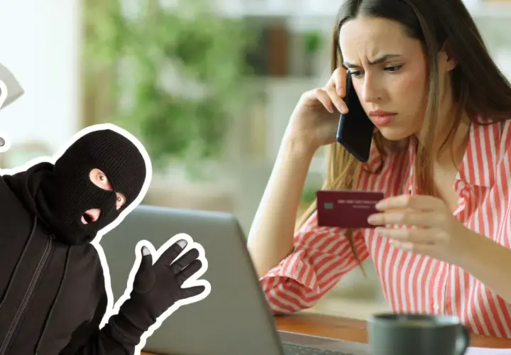 Kobieta z kartą kredytową i telefonem, obok niej złodziej w kominiarce. Uważaj na fałszywe sklepy internetowe – lista ostrzeżeń.