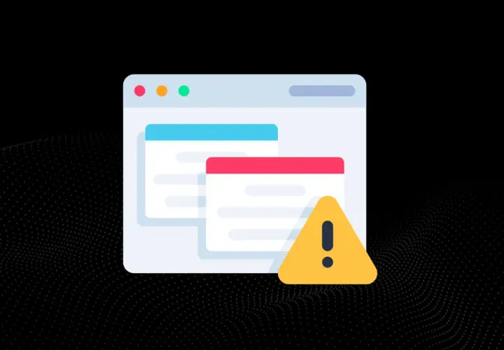 Ostrzeżenie przed niechcianym oprogramowaniem (adware) na ekranie komputera. Ikona znaku ostrzegawczego obok okien przeglądarki.
