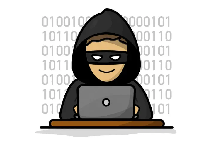 Uśmiechnięty haker w masce i kapturze siedzi przy laptopie, otoczony kodem binarnym. To symbol zagrożenia ze strony keyloggerów.