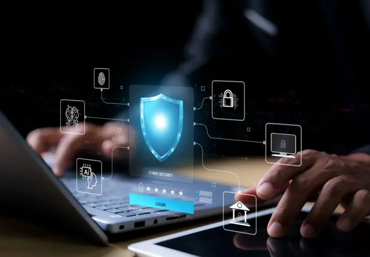 Wybór odpowiedniego antywirusa to klucz do ochrony danych. Grafika pokazuje cyfrowe tarcze, zamki i ikony AI, symbolizujące bezpieczeństwo w sieci.