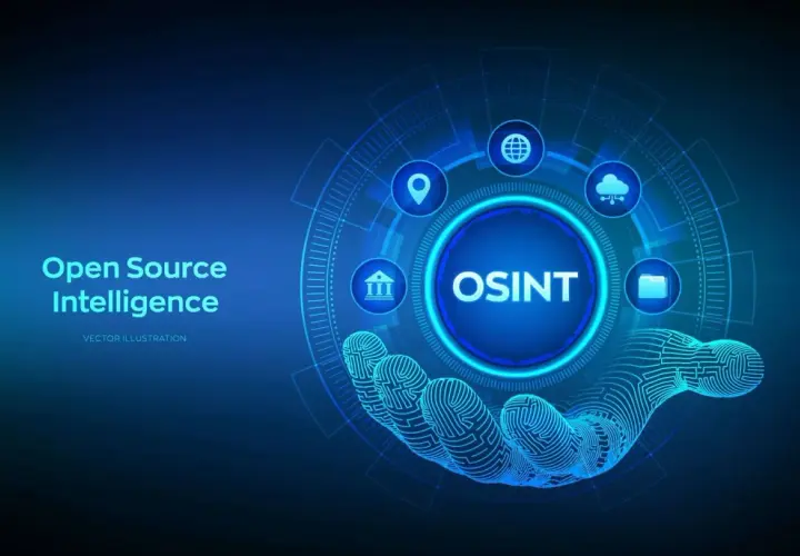 Otwarta inteligencja źródłowa (OSINT) chroni przed oszustami internetowymi. Dłoń z odciskiem palca symbolizuje dane.