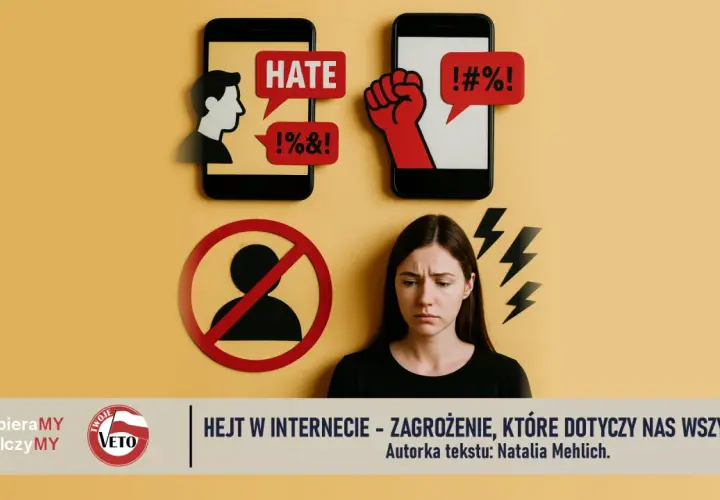 Smutna dziewczyna obok symboli hejtu w internecie. Telefony z napisami "HATE" i przekleństwami, zakaz wchodzenia dla użytkownika.
