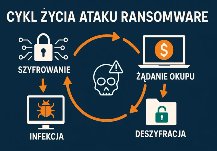 Cykl życia ataku ransomware: szyfrowanie, infekcja, żądanie okupu, deszyfracja. Schemat ilustruje proces działania złośliwego oprogramowania.