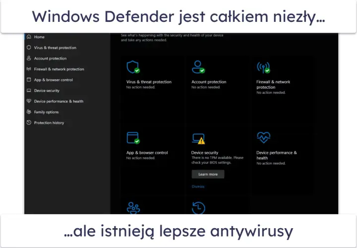 Ekran Windows Defender pokazuje status ochrony antywirusowej. Choć jest niezły, istnieją lepsze antywirusy.