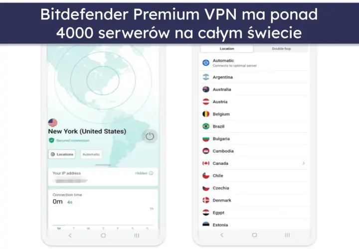 Aplikacja Bitdefender VPN pokazuje mapę świata z zaznaczonym Nowym Jorkiem i listę dostępnych lokalizacji serwerów, np. Argentyna, Australia, Austria.