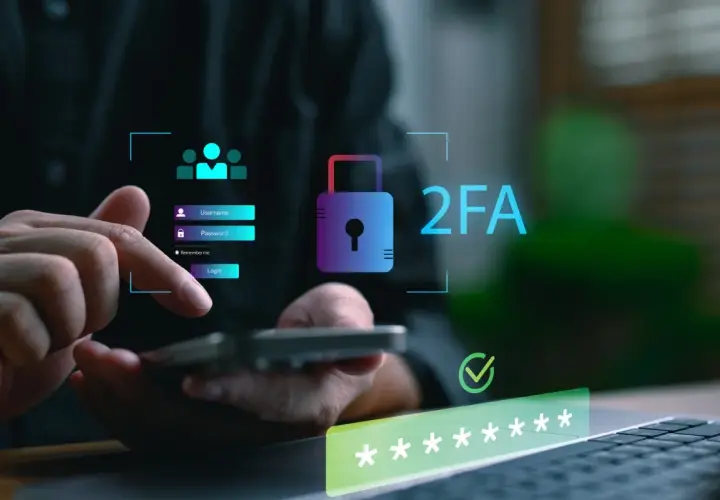 Dłoń wpisuje dane logowania na smartfonie, obok widnieje ikona kłódki i napis 2FA co to, symbolizujące podwójne uwierzytelnianie.