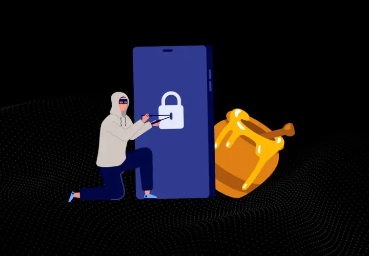 Haker próbuje włamać się do telefonu, który jest jak pułapka, obok stoi słoik z miodem, czyli honeypot.