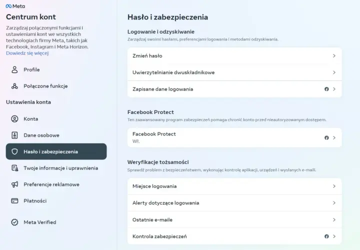 Ustawienia konta Meta: Hasło i zabezpieczenia, w tym dwuskładnikowe uwierzytelnianie i Facebook Protect, chronią przed atakami typu brute force.