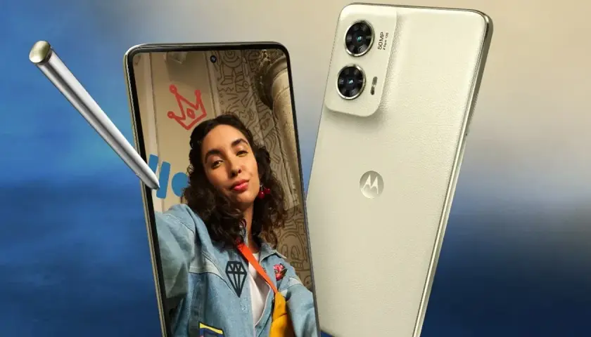 Zrzut ekranu motorola z rysującym stylusem i kobietą robiącą selfie. Telefon ma dwa aparaty 50 MP.
