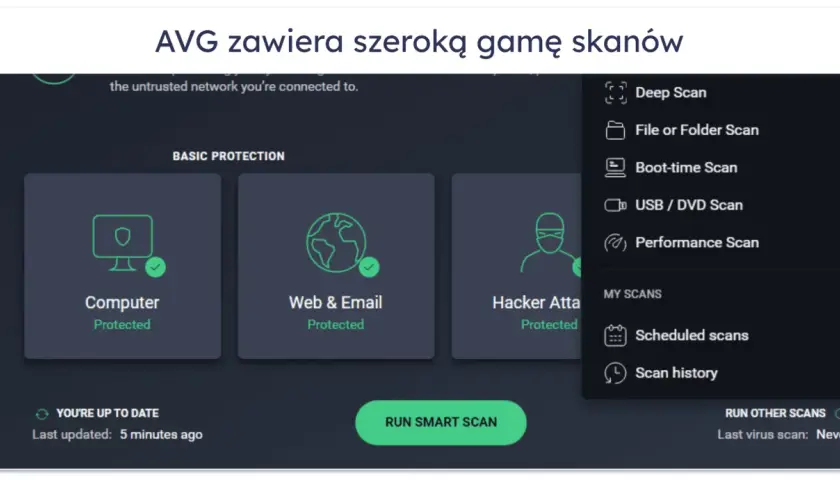 Darmowy antywirus AVG oferuje różne opcje skanowania, w tym skanowanie komputera, sieci i poczty.