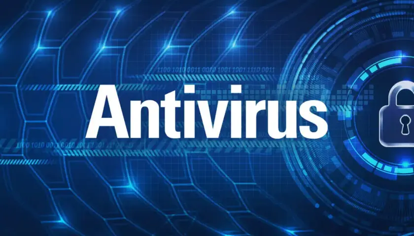 Cyfrowy świat chroniony przez aplikację antywirusową. Widoczny symbol kłódki i tekst "Antivirus" na niebieskim tle z kodem binarnym.