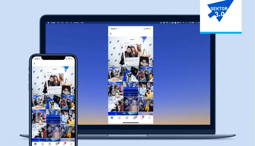 Klonowanie ekranu: iPhone i laptop wyświetlają ten sam profil Instagram z licznymi zdjęciami z wydarzenia.